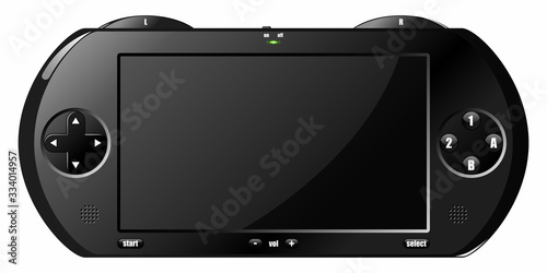 Realistic black portable gaming console with a blank screen. Can represent video games, entertainment, high end tech, computers, innovation, gadgets, modern hardware and electronics.