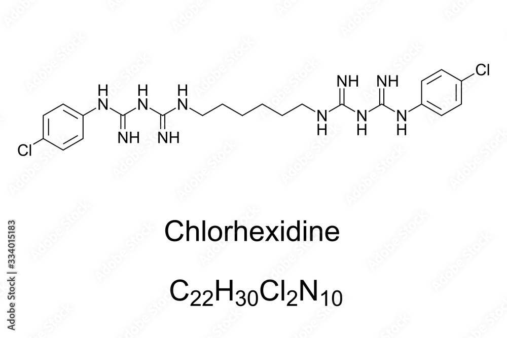 Chlorhexidine molecule skeletal formula. Structure of chlorhexidine