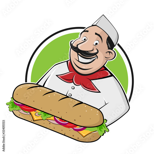cartoon logo of a happy man serving a long baguette