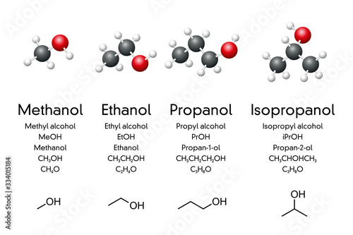 Simple alcoholic compounds, molecular models, chemical and skeletal formulas. Methanol, ethanol, propanol and isopropanol. Used as fuel, antiseptic, disinfectant, cleaning agent. Illustration. Vector. photo