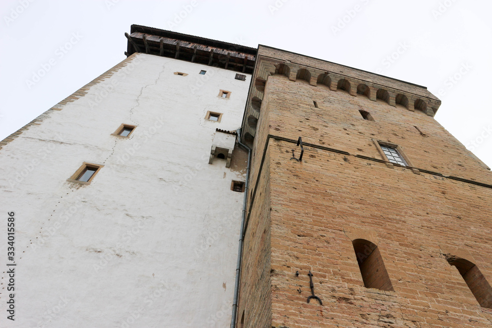 Tower of medieval Hermann castle in Narva, Estonia view from below Tower of medieval Hermann castle in Narva, Estonia view from below