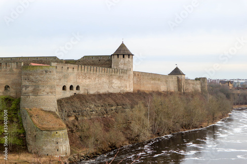 Spring view to Ivangorod fortress citadel and river Narva from Narva castle