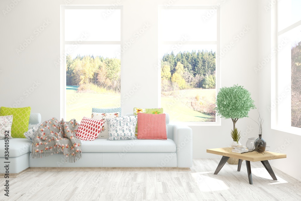 Plakat Stylish room in white color with sofa and autumn landscape in window. Scandinavian interior design. 3D illustration