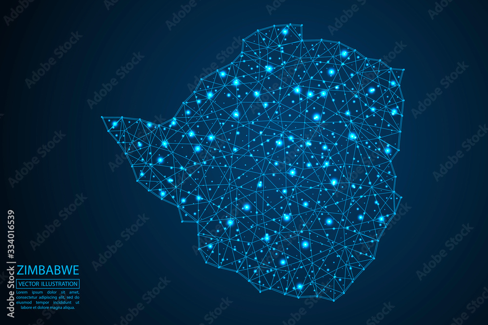 A map of Zimbabwe consisting of 3D triangles, lines, points, and