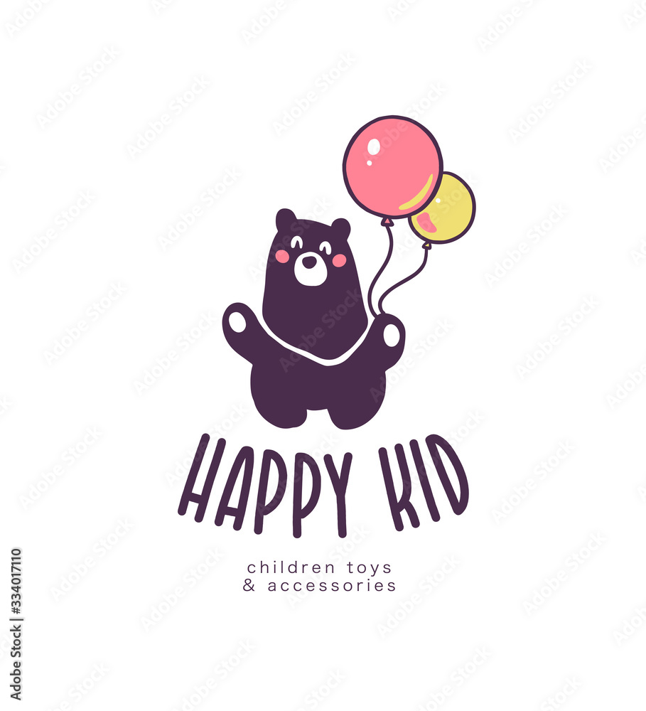 Logo design for kid toys store, boutique with happy teddy bear character silhouette with air balloons isolated on white background. Baby accessory boutique emblem design. Vector flat illustration. Logo design for kid toys store, boutique with happy teddy bear character silhouette with air balloons isolated on white background. Baby accessory boutique emblem design. Vector flat illustration.