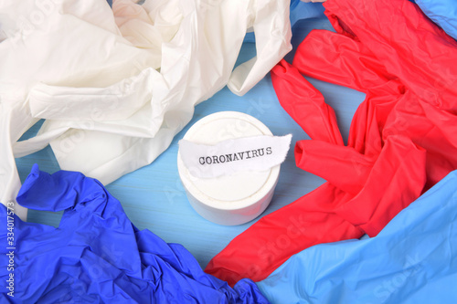 test container and rubber gloves for protection against viruses