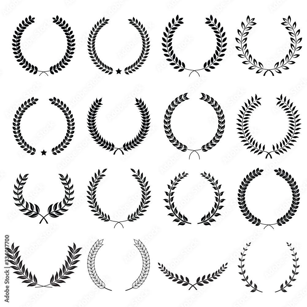 Collection of different black and white silhouette circular laurel foliate and oak, wreaths depicting an award, heraldry, achievement, victory, crown, winner, ornate,Vector icon illustration. Collection of different black and white silhouette circular laurel foliate and oak, wreaths depicting an award, heraldry, achievement, victory, crown, winner, ornate,Vector icon illustration.