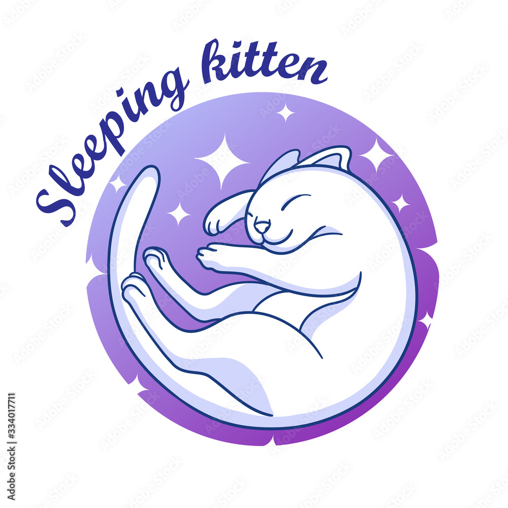 Obraz premium Vector icon of cute sleeping kitten in circle. Pet shop veterinary clinic, pet shelter, brand or company logo. 