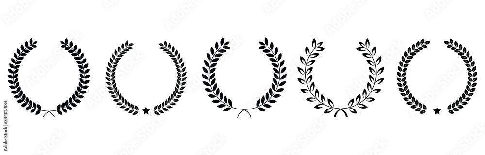 Collection of different black and white silhouette circular laurel foliate and oak, wreaths depicting an award, heraldry, achievement, victory, crown, winner, ornate,Vector icon illustration. Collection of different black and white silhouette circular laurel foliate and oak, wreaths depicting an award, heraldry, achievement, victory, crown, winner, ornate,Vector icon illustration.