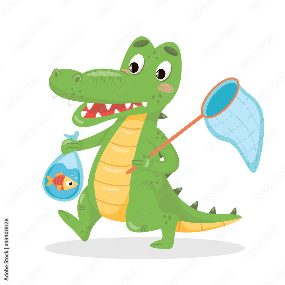 Vector Croc Fishhing Vector crocodile holding fish and net. Flat alligator illustration on ...