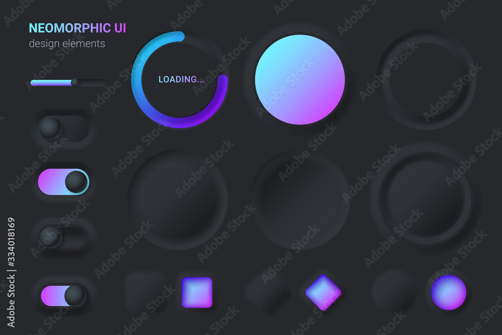 Neomorphic UI UX Black design elements kit vector template for Mobile and Web apps Neomorphism style