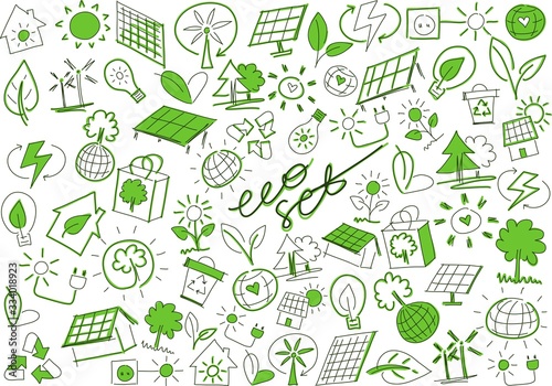 Eco set with ecological topic icons. Solar panels, trees, globes, energy, light bulbs, eco houses, plants. Hand drawn symbols.