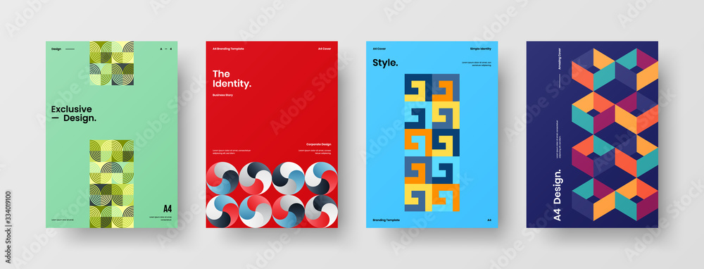 Business presentation vector A4 vertical orientation front page mock up set. Corporate report cover abstract geometric illustration design layout bundle. Company identity brochure template collection.