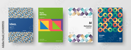 Business presentation vector A4 vertical orientation front page mock up set. Corporate report cover abstract geometric illustration design layout bundle. Company identity brochure template collection.