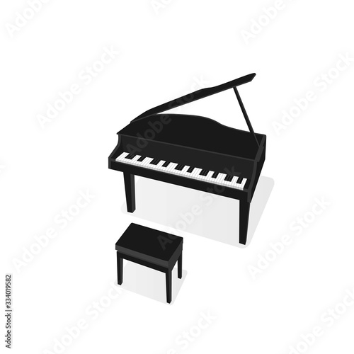 Black piano and stool on white background. Classical piano musical instrument. cartoon style. Vector icon illustration	