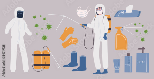 Flat style vector illustration collection of disinfection and anti-bacteria element. man in hazmet suit spray virus or germ. photo