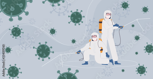 Flat style vector illustration of disinfection and anti-bacteria volunteers or officer. men in hazmet suit spray virus or germ. fight the virus. photo
