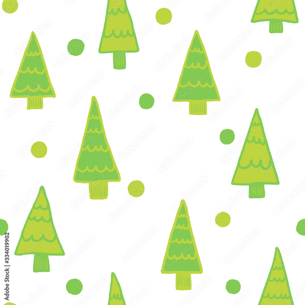 Green Christmas trees, circles in a seamless pattern on white background. Perfect for gift packing, wrapping paper, textiles, clothing prints, cotton bags, printed paper products.Digital illustration Green Christmas trees, circles in a seamless pattern on white background. Perfect for gift packing, wrapping paper, textiles, clothing prints, cotton bags, printed paper products.Digital illustration