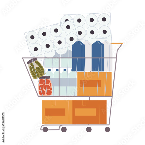 Flat style vector illustration of shopping cart full of products. Concept of food and supplies store up. Panic shopping. Anxiety about suffered from disease outbreak.