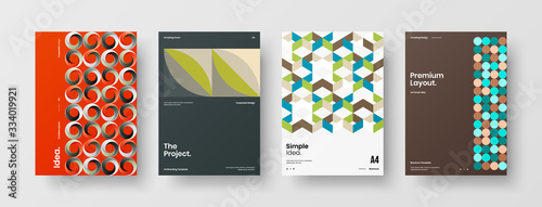 Business presentation vector A4 vertical orientation front page mock up set. Corporate report cover abstract geometric illustration design layout bundle. Company identity brochure template collection.