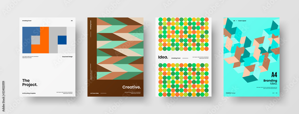 Business presentation vector A4 vertical orientation front page mock up set. Corporate report cover abstract geometric illustration design layout bundle. Company identity brochure template collection.