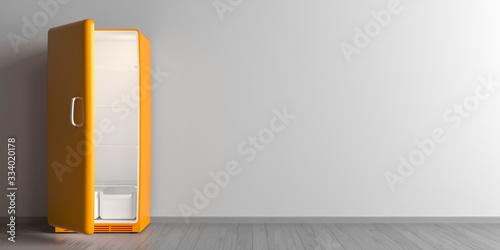 yellow refrigerator + retro fridge in an empty room -  billboard banner template mockup with place for text and logo