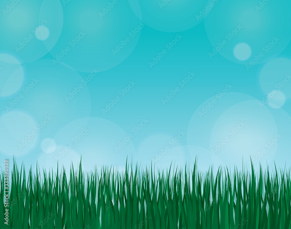 Green lawn. Closeup template illustration banner for Easter with copy space. Realistic vector grass side view with blue sky.