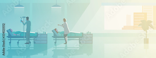 Doctor and Nurse in medical ward with Patients on medical beds Flat vector illustration. Medical Clinic Hospital interior collection.