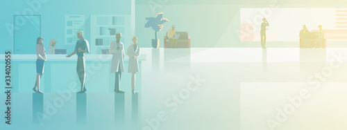 Reception in Hospital flat vector illustration. Patients Visitors standing at registration desk with Doctor and Nurse waiting in Hall Medical Clinic interior collection.