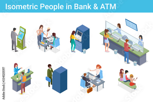 Isometric People in Bank ATM Cash-desk Pay Terminal flat vector illustration
