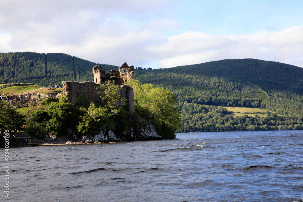 Loch Ness (Scotland), UK - August 02, 2018: Urquhart castle at Loch Ness lake, Scotland, Highlands, United Kingdom
