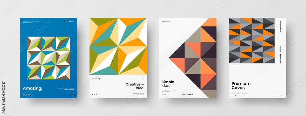 Business presentation vector A4 vertical orientation front page mock up set. Corporate report cover abstract geometric illustration design layout bundle. Company identity brochure template collection. Business presentation vector A4 vertical orientation front page mock up set. Corporate report cover abstract geometric illustration design layout bundle. Company identity brochure template collection.