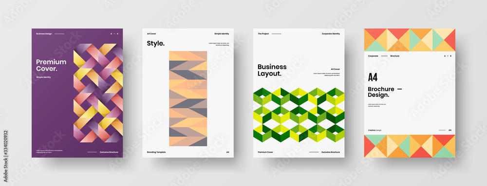 Business presentation vector A4 vertical orientation front page mock up set. Corporate report cover abstract geometric illustration design layout bundle. Company identity brochure template collection.