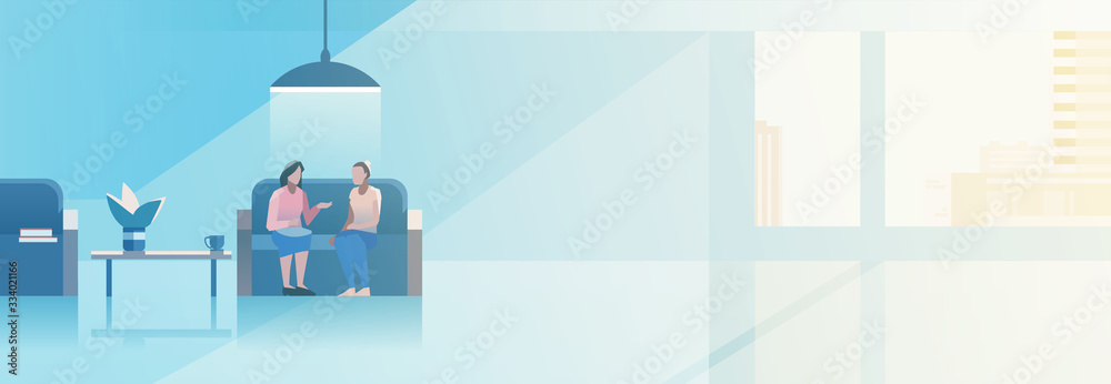 Office interior open-space flat design vector illustration. Business women talking in hall sitting on sofa. Office interior open-space flat design vector illustration. Business women talking in hall sitting on sofa.