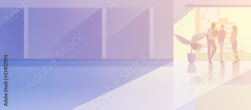 Office interior open-space flat design vector illustration. Business people standing talking in modern meeting room conference hall Businessmen and Businesswoman silhouette near big window