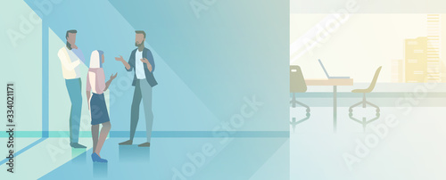 Office interior open-space flat design vector illustration. Business people standing talking in modern meeting room Businessmen and Businesswoman in conference hall