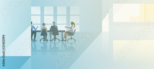 Office interior open-space flat design vector illustration. Business people talking in modern meeting room businessmen and businesswomen sitting in conference hall