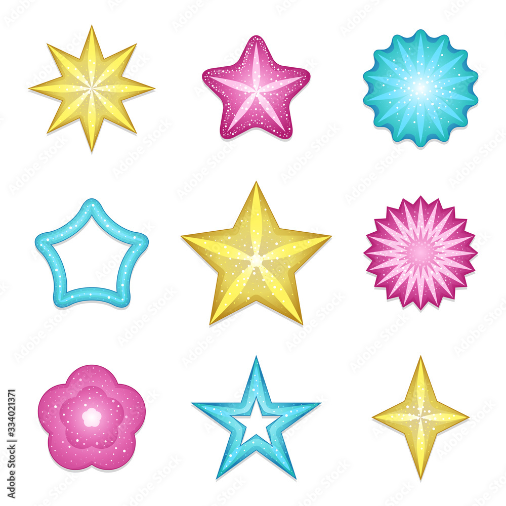 Obraz premium Vector set of colorful shiny stars in various styles (pointy, rounded, full, hollow) and colors (yellow, pink, blue). Isolated on white. Can represent the Holidays, Christmas, success, a night sky, an