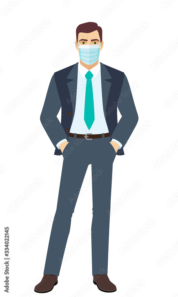 Businessman with medical mask standing with hands in pockets. Full length portrait of Businessman in a flat style.