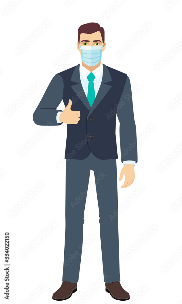 Businessman with medical mask showing thumb up. Full length portrait of Businessman in a flat style. Businessman with medical mask showing thumb up. Full length portrait of Businessman in a flat style.