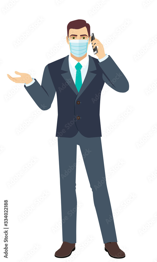 Fototapeta premium Businessman with medical mask gesturing and talking on the mobile phone. Full length portrait of Businessman in a flat style.