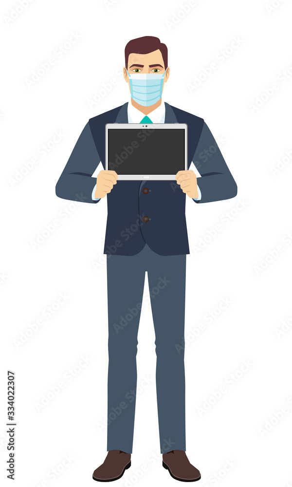 Businessman with medical mask showing blank digital tablet PC. Full length portrait of Businessman in a flat style. Businessman with medical mask showing blank digital tablet PC. Full length portrait of Businessman in a flat style.