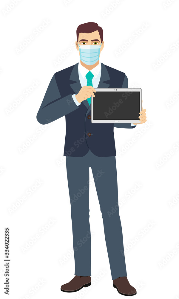 Businessman with medical mask with digital tablet. Full length portrait of Businessman in a flat style.