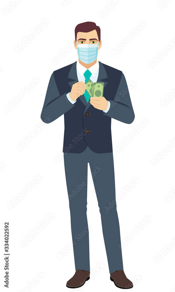Fototapeta premium Businessman with medical mask counts the money. Full length portrait of Businessman in a flat style.