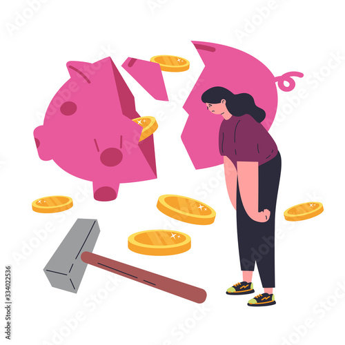 Concept of coronavirus economic crisis during quarantine.Novel virus 2019-nCoV.A woman smashed a savings piggy bank with a hammer because of the crisis.Piggy bank with coins.Flat vector illustration.