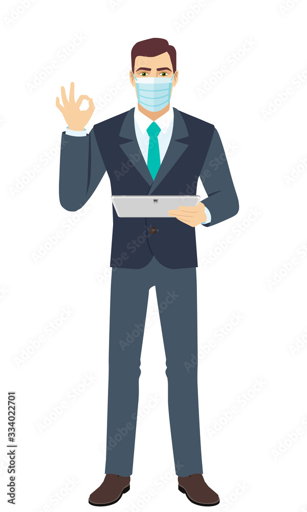 OK! Businessman with medical mask show a okay hand sign and holding digital tablet PC. Full length portrait of Businessman in a flat style.
