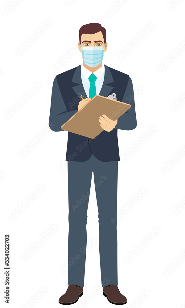Businessman with medical mask writes on the clipboard closeup. Full length portrait of Businessman in a flat style. Businessman with medical mask writes on the clipboard closeup. Full length portrait of Businessman in a flat style.