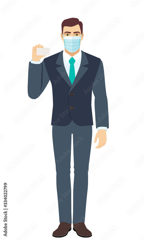 Businessman with medical mask shows the business card. Full length portrait of Businessman in a flat style. Businessman with medical mask shows the business card. Full length portrait of Businessman in a flat style.