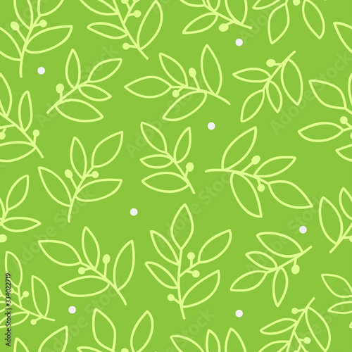 Fantasy light yellow leaves with berries and white dots on green background. Seamless doodle floral summer pattern.
