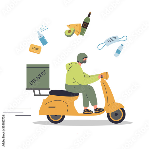 Coronavirus.Novel virus 2019-nCoV.A young courier in medical mask deliver the products ordered online on a scooter.Medicine and food delivery.Concept of coronavirus quarantine vector illustration. 
